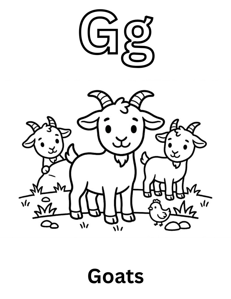 Puede incluir: Una p&aacute;gina para colorear en blanco y negro con la letra may&uacute;scula y min&uacute;scula Gg en la parte superior y la palabra Goats en la parte inferior. La ilustraci&oacute;n muestra tres cabras en un campo de hierba con un pollito cerca de la cabra central.
