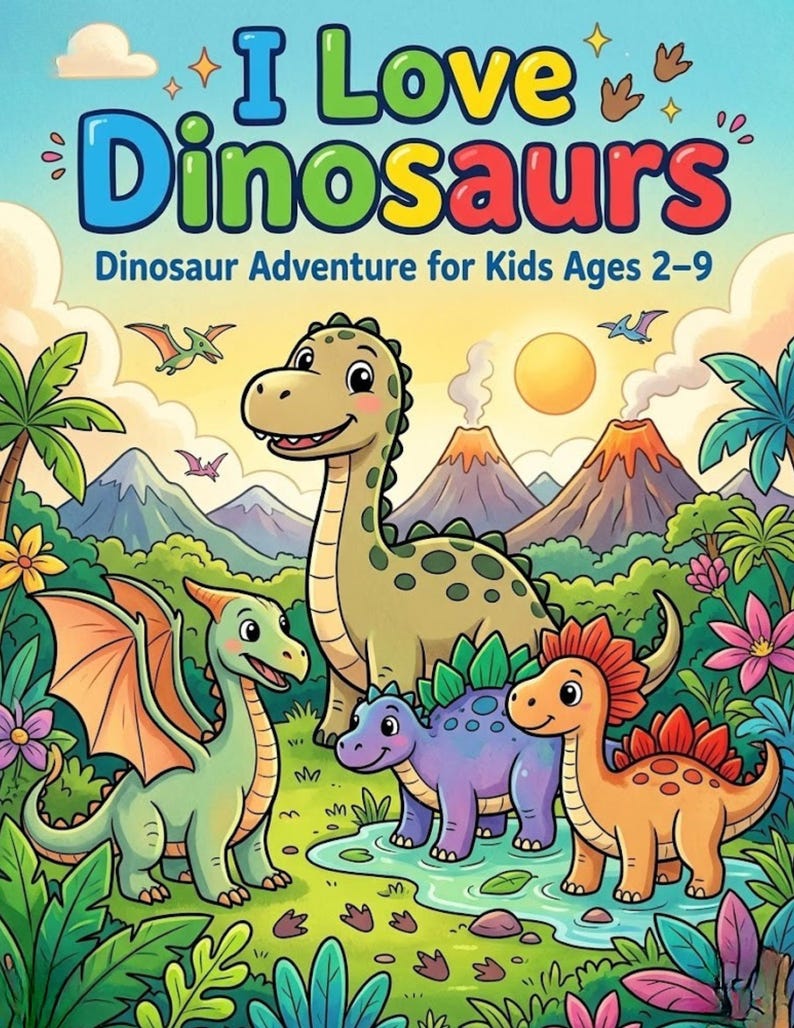 May include: A colourful children's book cover with the text "I Love Dinosaurs". The illustration features cartoon dinosaurs in a vibrant landscape with volcanoes, palm trees, and a bright sun. The book is titled "Dinosaur Adventure for Kids Ages 2-9".