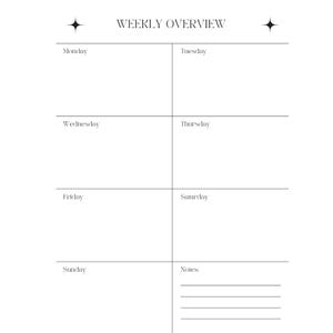 May include: A white weekly overview planner page with black text and lines. The header reads WEEKLY OVERVIEW with a four-pointed star on each side. It features eight rectangular sections for Monday through Sunday and a section labelled Notes with lines.