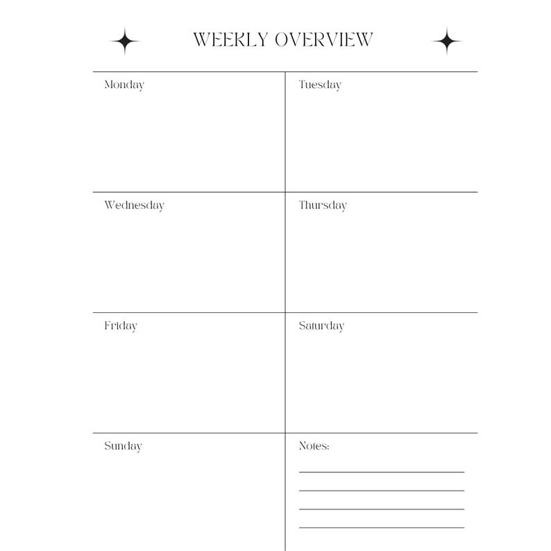 May include: A white weekly overview planner page with black text and lines. The header reads WEEKLY OVERVIEW with a four-pointed star on each side. It features eight rectangular sections for Monday through Sunday and a section labelled Notes with lines.