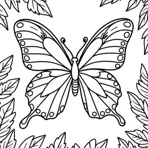 May include: Black and white line art illustration of a butterfly with detailed wing patterns. The butterfly is centered, surrounded by stylized leaves, creating a symmetrical design suitable for coloring or artistic projects.