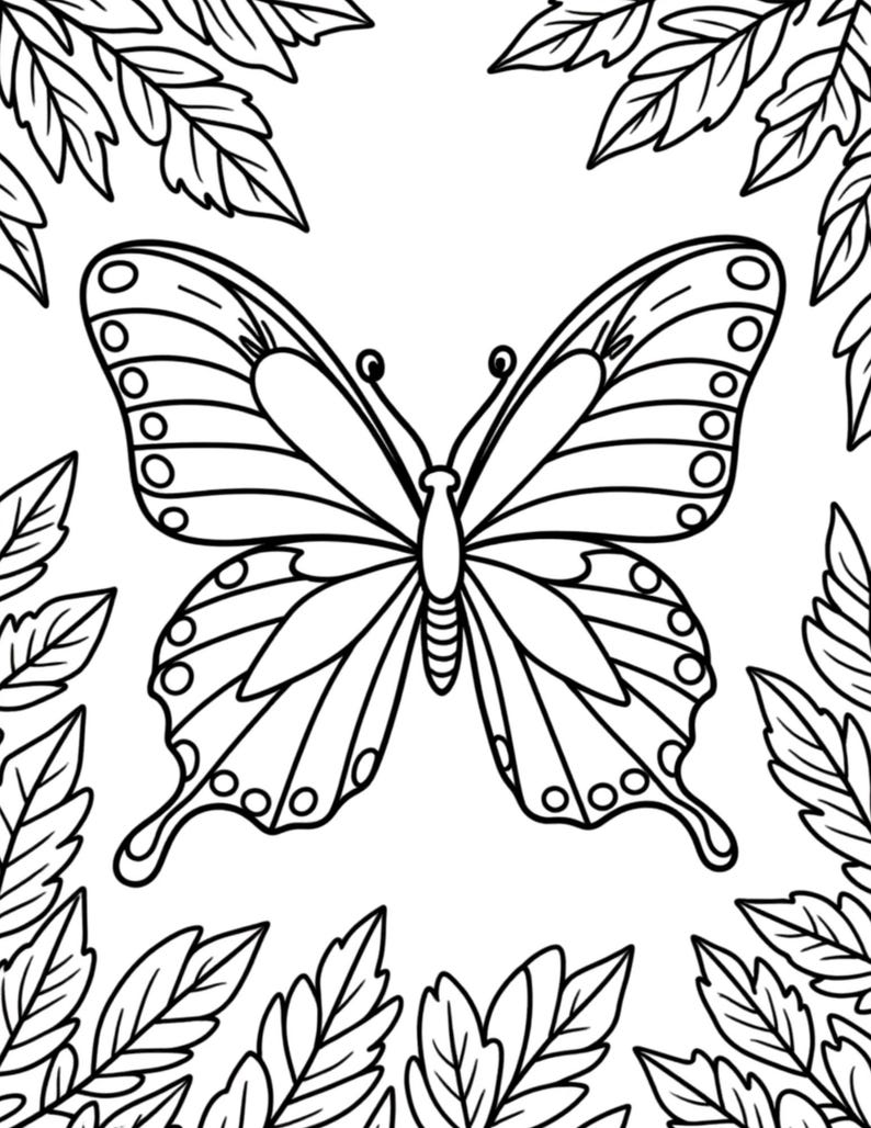 May include: Black and white line art illustration of a butterfly with detailed wing patterns. The butterfly is centered, surrounded by stylized leaves, creating a symmetrical design suitable for coloring or artistic projects.