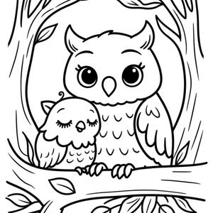 May include: Black and white illustration of two owls perched on a tree branch. The larger owl has large eyes and is looking forward, while the smaller owl has closed eyes. The owls are surrounded by tree branches and leaves.