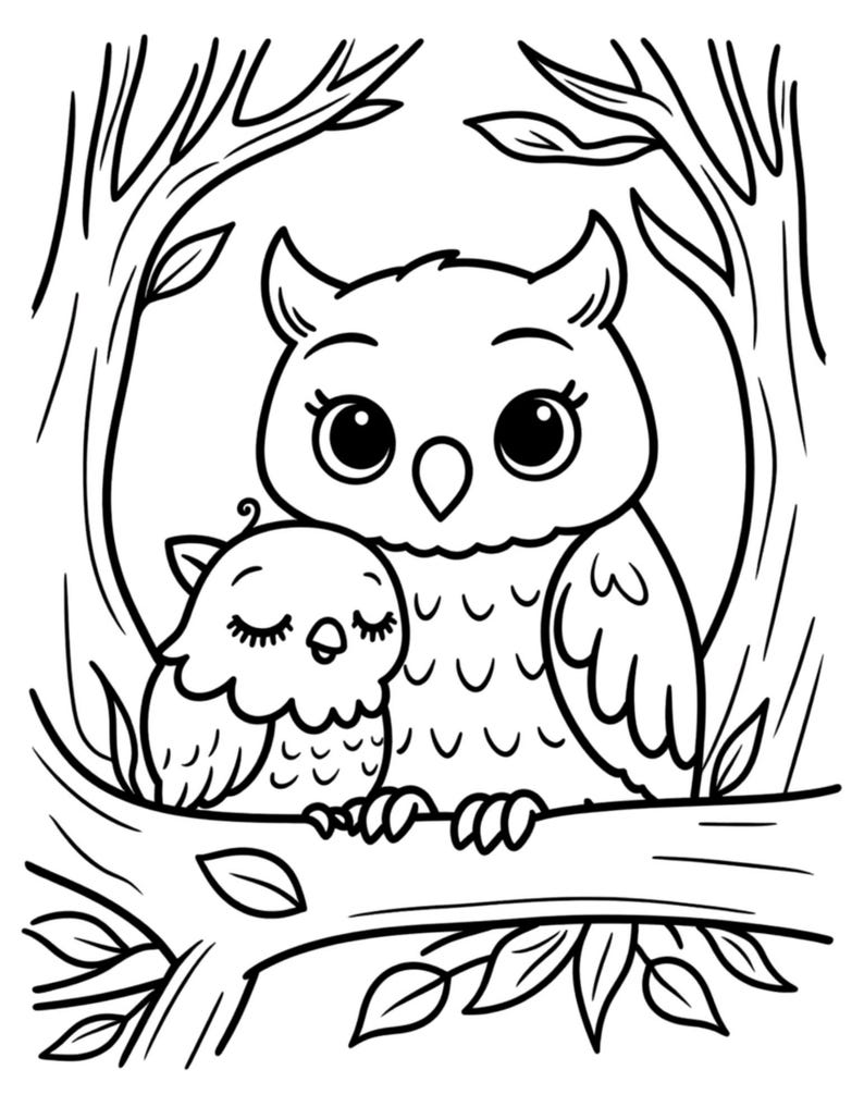 May include: Black and white illustration of two owls perched on a tree branch. The larger owl has large eyes and is looking forward, while the smaller owl has closed eyes. The owls are surrounded by tree branches and leaves.