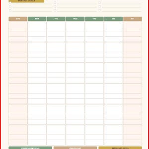 May include: A monthly planner with a green header and a red border. The planner includes sections for monthly goals, a calendar grid, curriculum focus, prayer list, and important dates. The text "Children are a heritage from the LORD - Psalm 127:3" is visible.