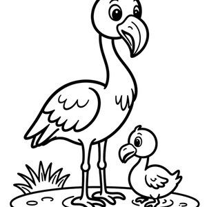 May include: Black and white line art illustration of a flamingo and its chick. The adult flamingo stands tall with a long neck and beak, while the chick is smaller and sits nearby. The image is suitable for coloring.