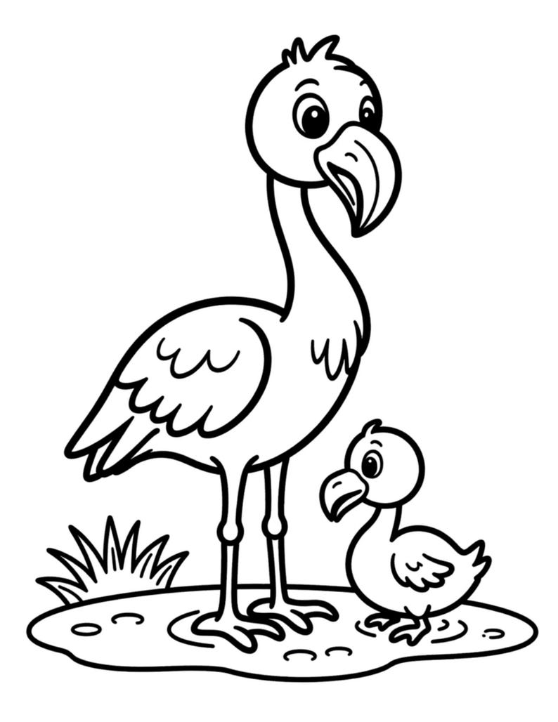 May include: Black and white line art illustration of a flamingo and its chick. The adult flamingo stands tall with a long neck and beak, while the chick is smaller and sits nearby. The image is suitable for coloring.