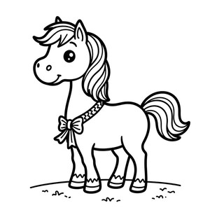 Peut inclure: Une illustration en noir et blanc au trait repr&eacute;sentant un poney debout sur un morceau d'herbe. Le poney pr&eacute;sente une crini&egrave;re fluide, une longue queue et un collier d&eacute;coratif avec un grand n&oelig;ud attach&eacute; autour du cou. Le dessin utilise des contours gras.
