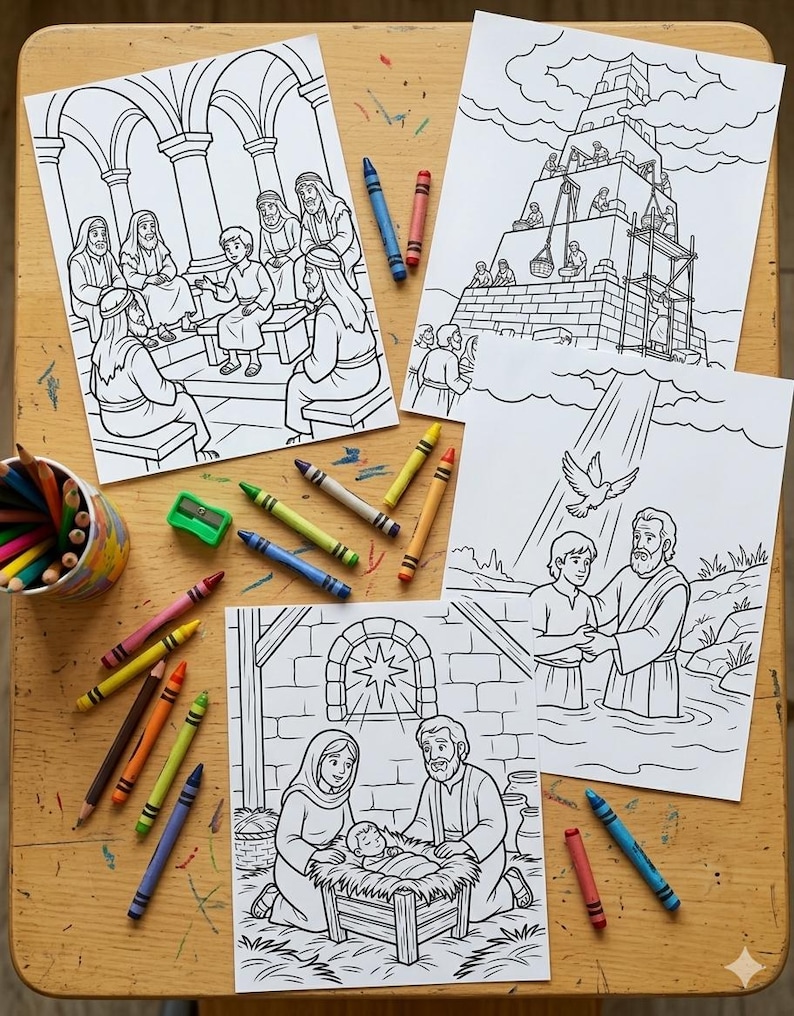 May include: A set of four black and white coloring pages featuring biblical scenes including a temple gathering, the Tower of Babel, a baptism, and a nativity scene. The pages are arranged on a wooden surface with a cup of colored pencils and loose crayons.
