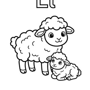 May include: A black and white coloring page illustration featuring the uppercase and lowercase letters Ll at the top and the word Lamb at the bottom. The image depicts a large standing sheep and a smaller lamb sitting next to it.