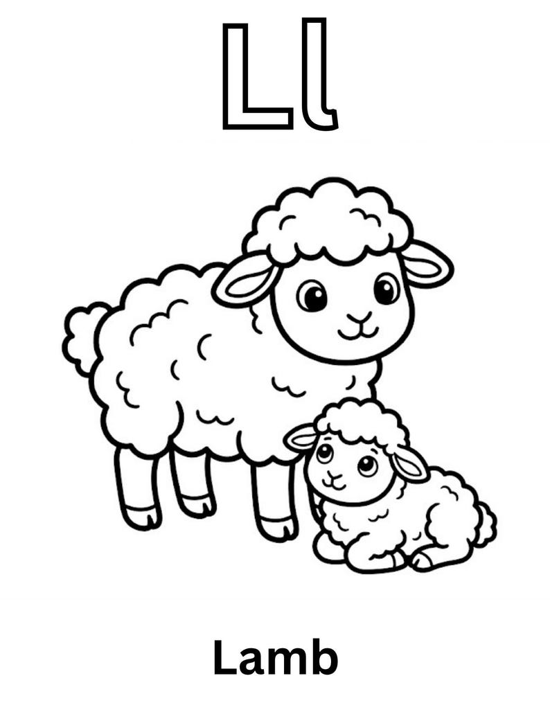 May include: A black and white coloring page illustration featuring the uppercase and lowercase letters Ll at the top and the word Lamb at the bottom. The image depicts a large standing sheep and a smaller lamb sitting next to it.