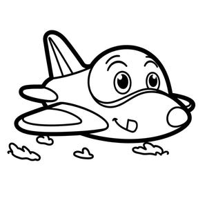 Puede incluir: Un dibujo de l&iacute;neas en blanco y negro de un avi&oacute;n de dibujos animados con una cara sonriente, ojos grandes y cejas. El avi&oacute;n presenta un cuerpo redondeado, un estabilizador vertical y alas, con peque&ntilde;as formas de nubes debajo.