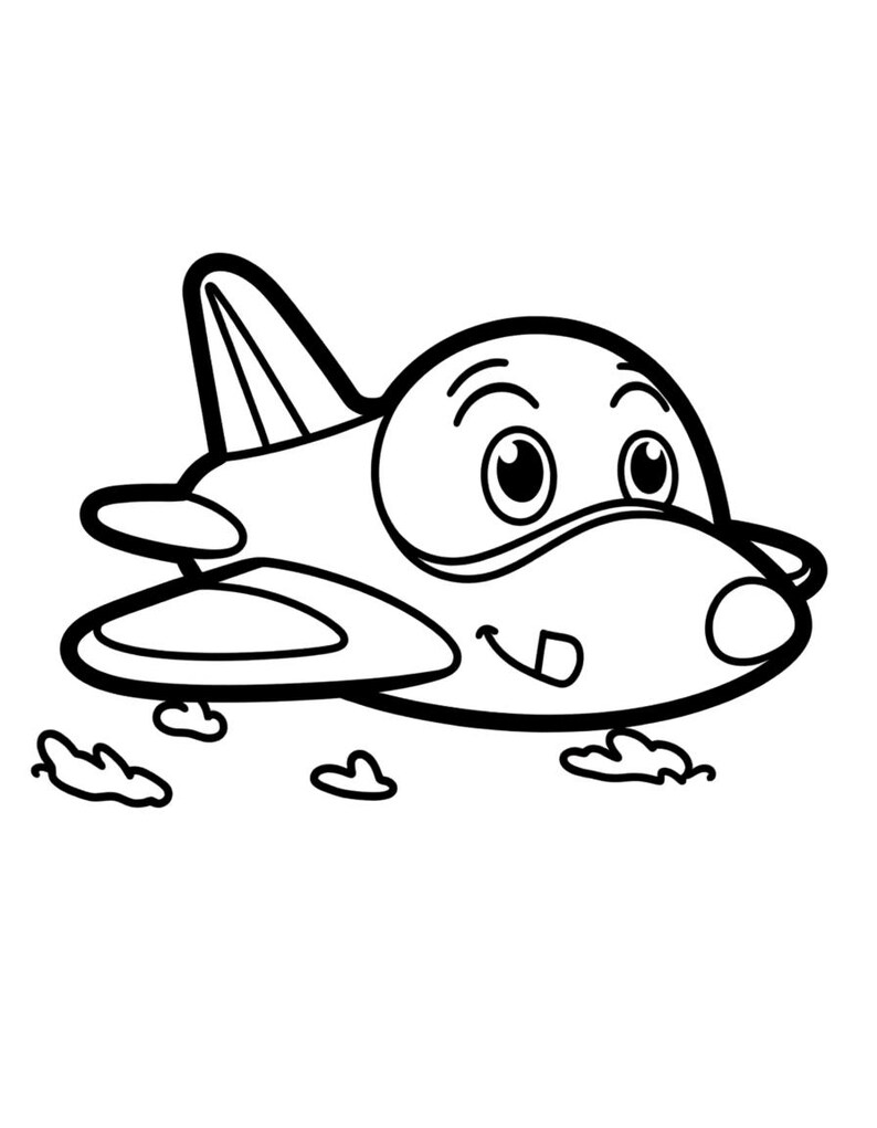 Puede incluir: Un dibujo de l&iacute;neas en blanco y negro de un avi&oacute;n de dibujos animados con una cara sonriente, ojos grandes y cejas. El avi&oacute;n presenta un cuerpo redondeado, un estabilizador vertical y alas, con peque&ntilde;as formas de nubes debajo.