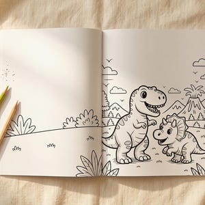 May include: An open coloring book featuring a black and white line drawing of a T-Rex and a Triceratops in a prehistoric landscape with a volcano. Four colored pencils in green, brown, yellow, and tan are arranged nearby with a small pencil sharpener.