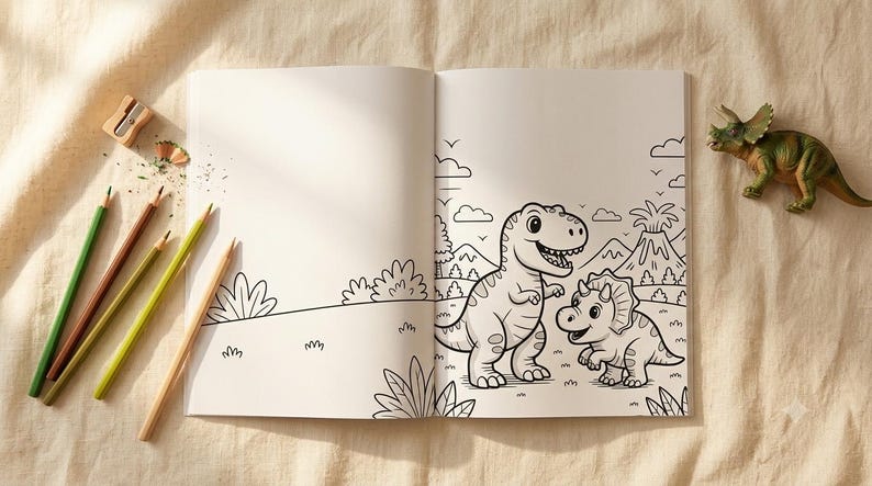 May include: An open coloring book featuring a black and white line drawing of a T-Rex and a Triceratops in a prehistoric landscape with a volcano. Four colored pencils in green, brown, yellow, and tan are arranged nearby with a small pencil sharpener.