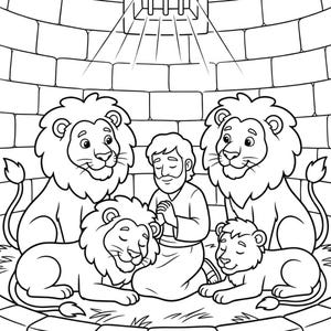 May include: A black and white line art coloring page illustration featuring a person kneeling with hands clasped in prayer, surrounded by four lions inside a stone-walled enclosure with a barred window at the top letting in light rays.