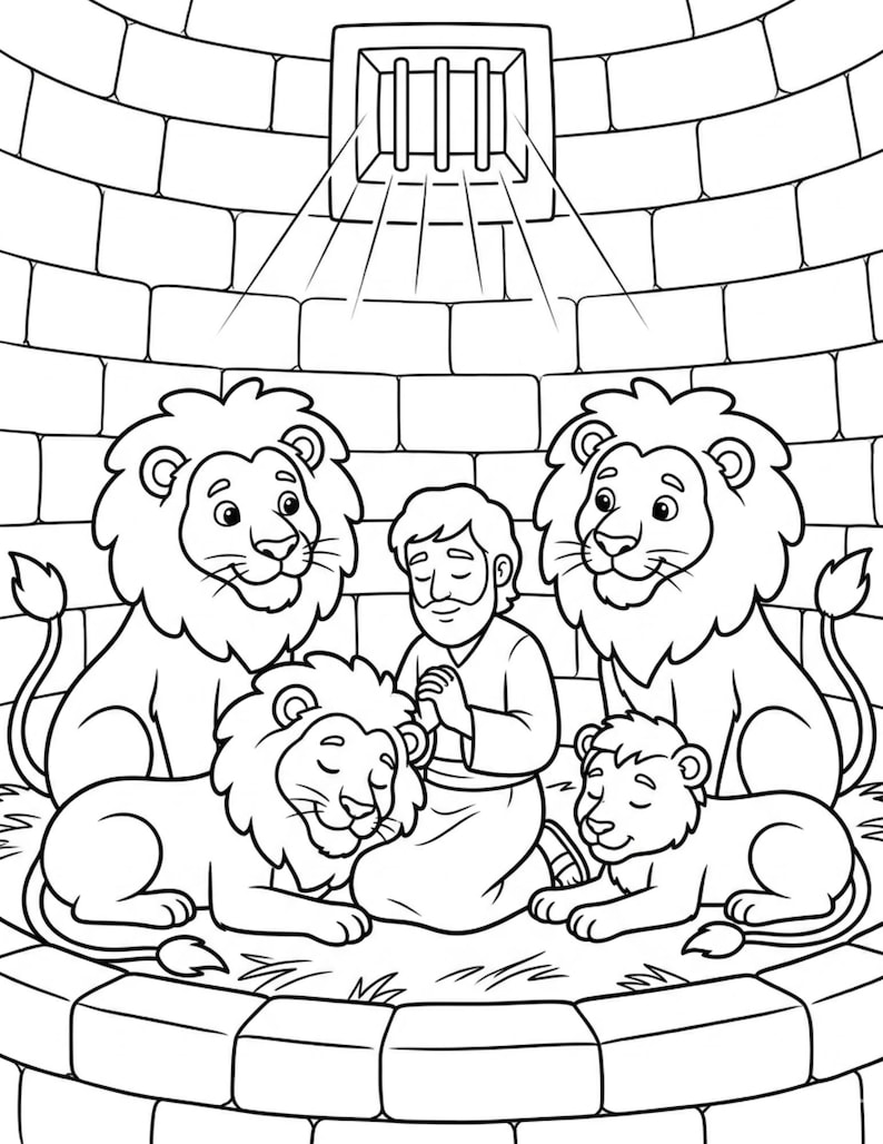 May include: A black and white line art coloring page illustration featuring a person kneeling with hands clasped in prayer, surrounded by four lions inside a stone-walled enclosure with a barred window at the top letting in light rays.