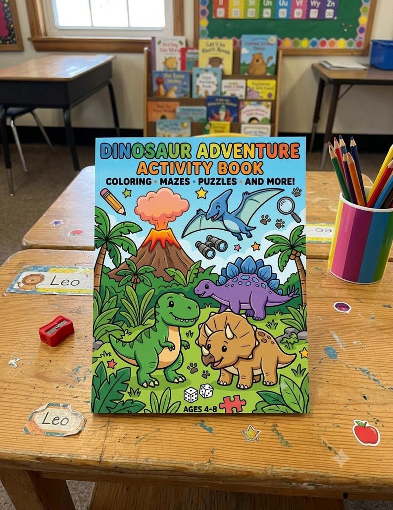 May include: A colorful "Dinosaur Adventure Activity Book" with illustrations of dinosaurs, a volcano, and palm trees. The book cover features the text "COLORING MAZES PUZZLES AND MORE!" and is designed for ages 4-8. The book is on a wooden desk.
