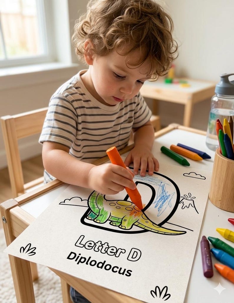May include: A white coloring sheet featuring a large letter D, a cartoon Diplodocus dinosaur, and the text Letter D Diplodocus. The page is being colored with an orange crayon, with additional crayons and a water bottle nearby on the table.
