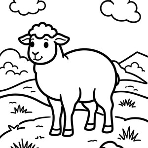May include: A black and white line art coloring page featuring a cartoon sheep standing in a grassy field. The scene includes rolling hills, small patches of grass, a single rock, and two fluffy clouds in the sky above the sheep.