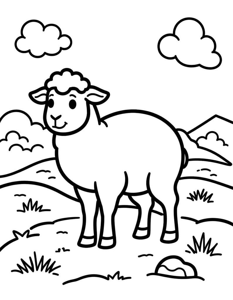 May include: A black and white line art coloring page featuring a cartoon sheep standing in a grassy field. The scene includes rolling hills, small patches of grass, a single rock, and two fluffy clouds in the sky above the sheep.