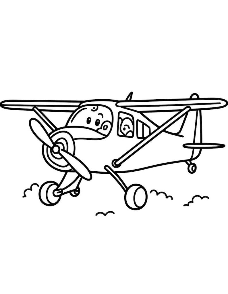 Puede incluir: Una ilustraci&oacute;n de arte lineal en blanco y negro de un peque&ntilde;o avi&oacute;n de h&eacute;lice. La aeronave cuenta con una h&eacute;lice frontal, una cabina con un piloto visible, alas montadas en la parte superior con soportes y tren de aterrizaje con ruedas.