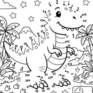 May include: Black and white connect-the-dots activity sheet featuring a T-Rex dinosaur. The sheet includes numbered dots to connect, a smiling dinosaur illustration, palm trees, stars, and the text "Connect the dots to reveal the dinosaur!"