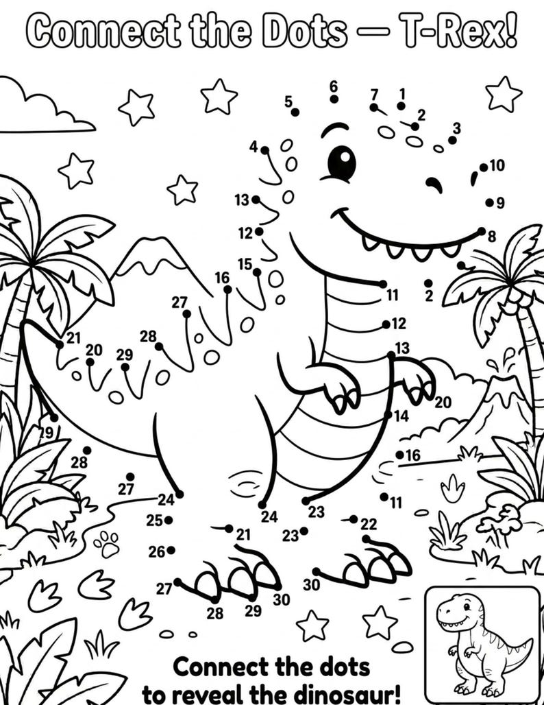 May include: Black and white connect-the-dots activity sheet featuring a T-Rex dinosaur. The sheet includes numbered dots to connect, a smiling dinosaur illustration, palm trees, stars, and the text "Connect the dots to reveal the dinosaur!"