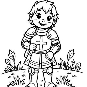 Puede incluir: Ilustraci&oacute;n en blanco y negro de un caballero sonriente con armadura, con una cruz en la placa del pecho. El caballero est&aacute; de pie sobre una colina cubierta de hierba con ilustraciones de plantas simples.