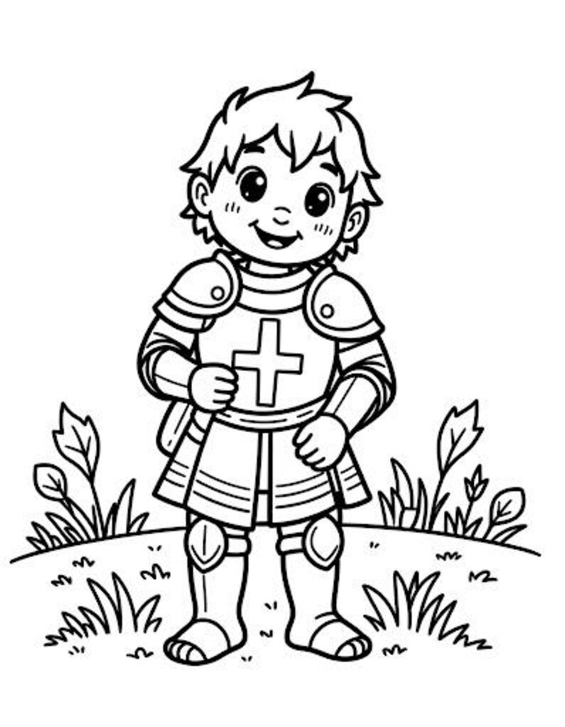 Puede incluir: Ilustraci&oacute;n en blanco y negro de un caballero sonriente con armadura, con una cruz en la placa del pecho. El caballero est&aacute; de pie sobre una colina cubierta de hierba con ilustraciones de plantas simples.