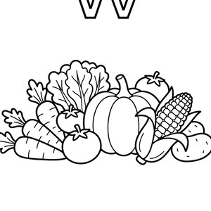 Puede incluir: Una p&aacute;gina para colorear en blanco y negro con la letra V en may&uacute;scula y min&uacute;scula en la parte superior y la palabra Vegetables en la parte inferior. El centro muestra una colecci&oacute;n de dibujos lineales de verduras como calabaza, ma&iacute;z, zanahorias y tomates.