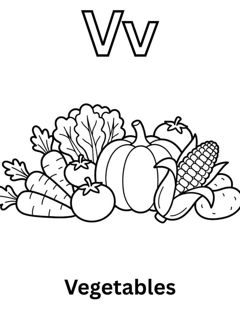 Puede incluir: Una p&aacute;gina para colorear en blanco y negro con la letra V en may&uacute;scula y min&uacute;scula en la parte superior y la palabra Vegetables en la parte inferior. El centro muestra una colecci&oacute;n de dibujos lineales de verduras como calabaza, ma&iacute;z, zanahorias y tomates.