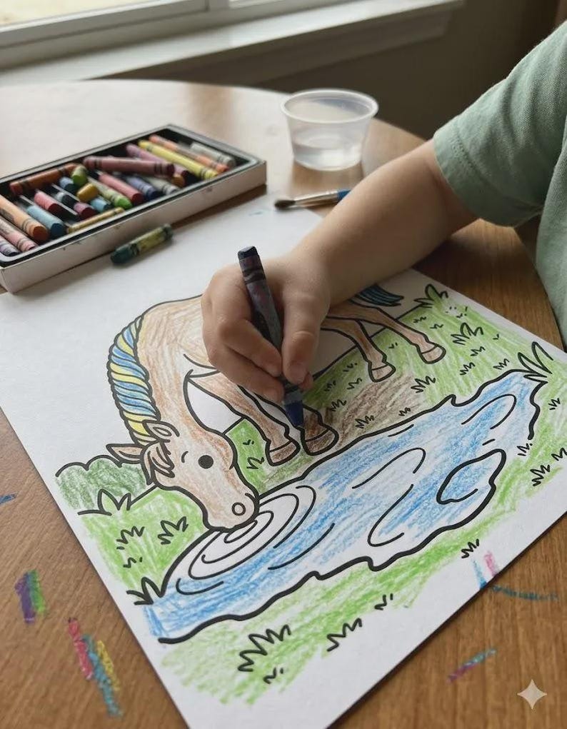 Puede incluir: Un ni&ntilde;o colorea una ilustraci&oacute;n de un caballo con un cray&oacute;n azul. El caballo es marr&oacute;n con una melena azul y amarilla, bebiendo de un estanque con l&iacute;neas azules. Una bandeja de crayones y un vaso de agua est&aacute;n sobre la mesa de madera.