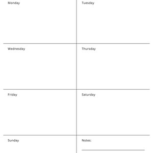 May include: A white weekly planner page with the black text WEEKLY OVERVIEW at the top. The layout features a grid with sections for Monday, Tuesday, Wednesday, Thursday, Friday, Saturday, and Sunday, plus a section for Notes with four lines.