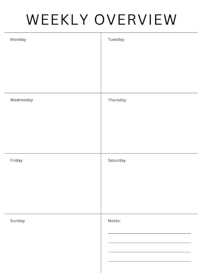 May include: A white weekly planner page with the black text WEEKLY OVERVIEW at the top. The layout features a grid with sections for Monday, Tuesday, Wednesday, Thursday, Friday, Saturday, and Sunday, plus a section for Notes with four lines.