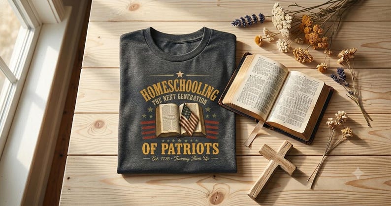 K&ouml;nnte beinhalten: Ein dunkelgraues T-Shirt mit einer Grafik, die ein offenes Buch, eine kleine amerikanische Flagge und den Text "HOMESCHOOLING THE NEXT GENERATION OF PATRIOTS Est. 1776 Training Them Up" zeigt. Das Design enth&auml;lt Sterne sowie rote und blaue Streifen.