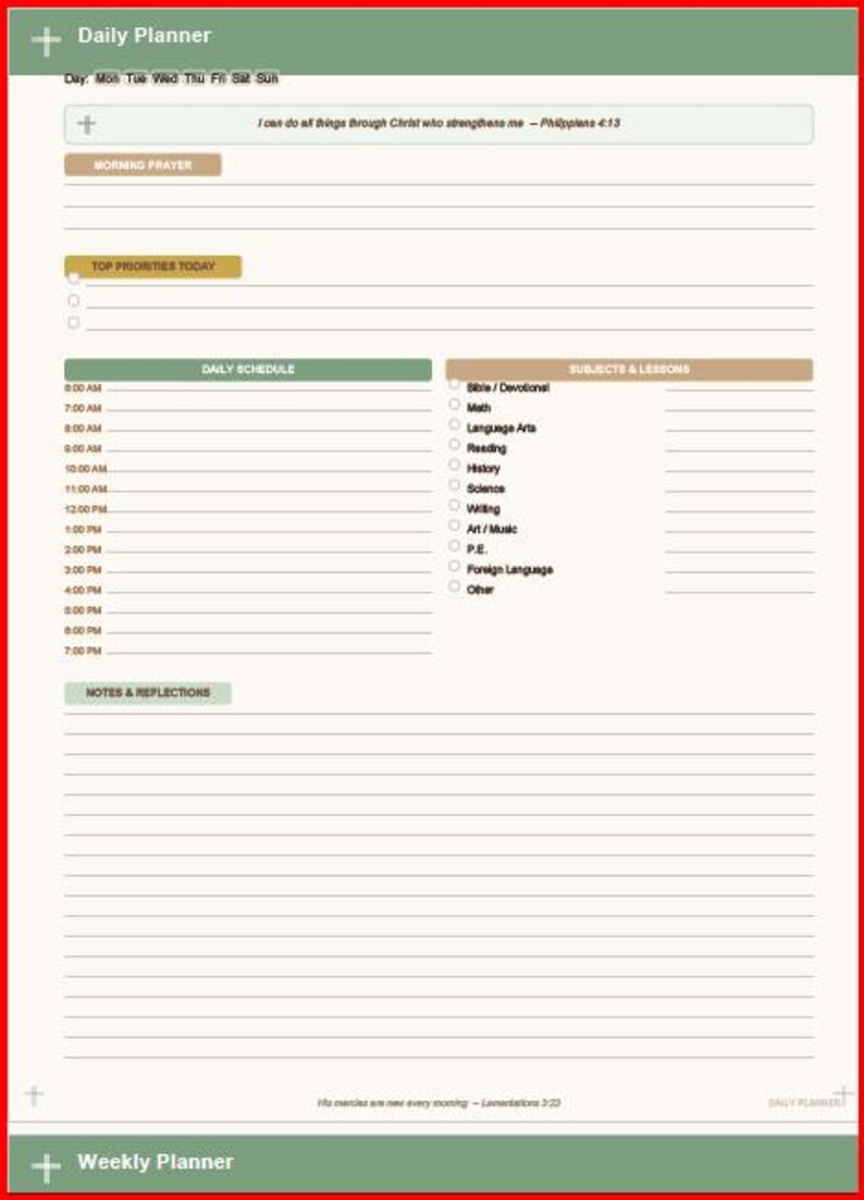 May include: A daily planner in green and white, featuring sections for schedules, subjects, and notes. Text includes "Daily Planner", "Morning Prayer", and "Top Priorities Today". The planner also includes a Bible verse. Measurements are not applicable.