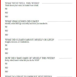 May include: A white weekly reflection planner page with black text. Sections include What Went Well This Week, What Challenges Did I Face, What Did I Learn, How Did I Take Care Of Myself This Week, and What Do I Want To Improve Next Week with lines.