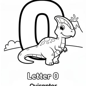May include: A black and white coloring page featuring a large letter O, a cartoon Oviraptor dinosaur, a volcano, and clouds. The text at the bottom reads Letter O and Oviraptor. The design uses bold outlines for coloring activities.