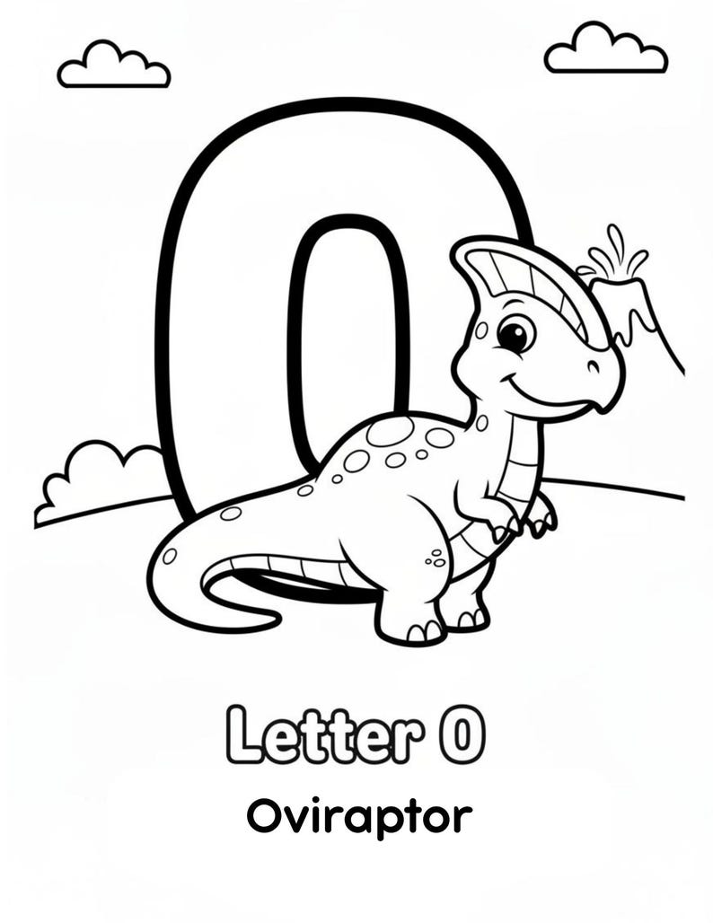 May include: A black and white coloring page featuring a large letter O, a cartoon Oviraptor dinosaur, a volcano, and clouds. The text at the bottom reads Letter O and Oviraptor. The design uses bold outlines for coloring activities.