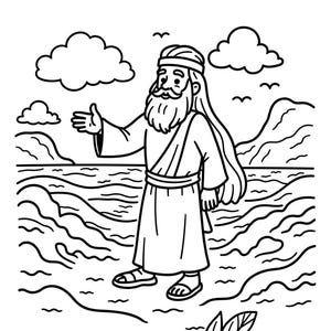 May include: A black and white line art illustration of a bearded figure wearing a robe, a sash, and sandals, standing on a shoreline. The figure has one arm extended outward. The background features a body of water, mountains, clouds, and birds.