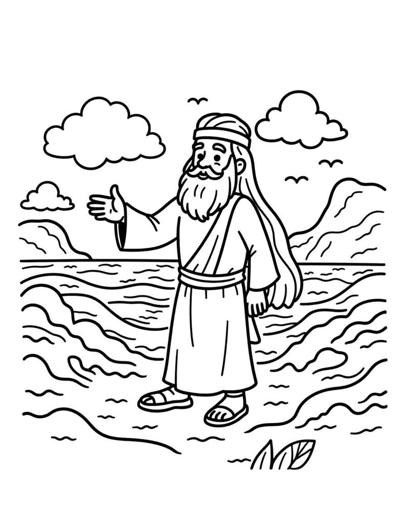 May include: A black and white line art illustration of a bearded figure wearing a robe, a sash, and sandals, standing on a shoreline. The figure has one arm extended outward. The background features a body of water, mountains, clouds, and birds.