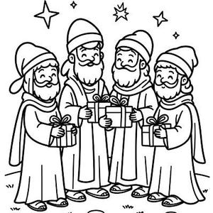 Puede incluir: Ilustraci&oacute;n en blanco y negro de cuatro figuras con t&uacute;nicas sosteniendo regalos. Cada figura tiene barba y sombrero. Hay estrellas en el fondo. Las figuras est&aacute;n sobre una superficie cubierta de hierba.