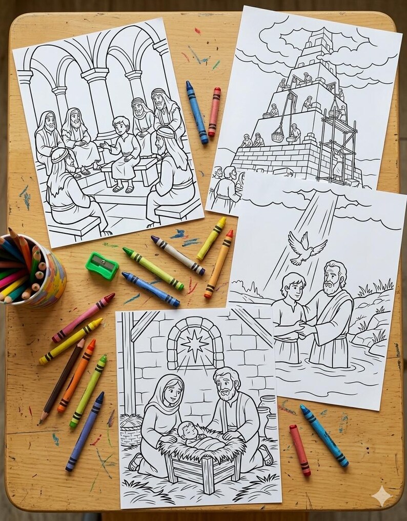May include: Four black and white coloring pages depicting religious scenes, including a nativity, baptism, and a group of people in a building. Colored crayons and pencils are scattered around the pages on a wooden surface.