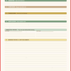 May include: A beige prayer journal with a red border. The journal includes sections for adoration, confession, thanksgiving, and supplication. It also has a section for homeschool prayers and answered prayers. The text "Prayer Journal" is at the top.