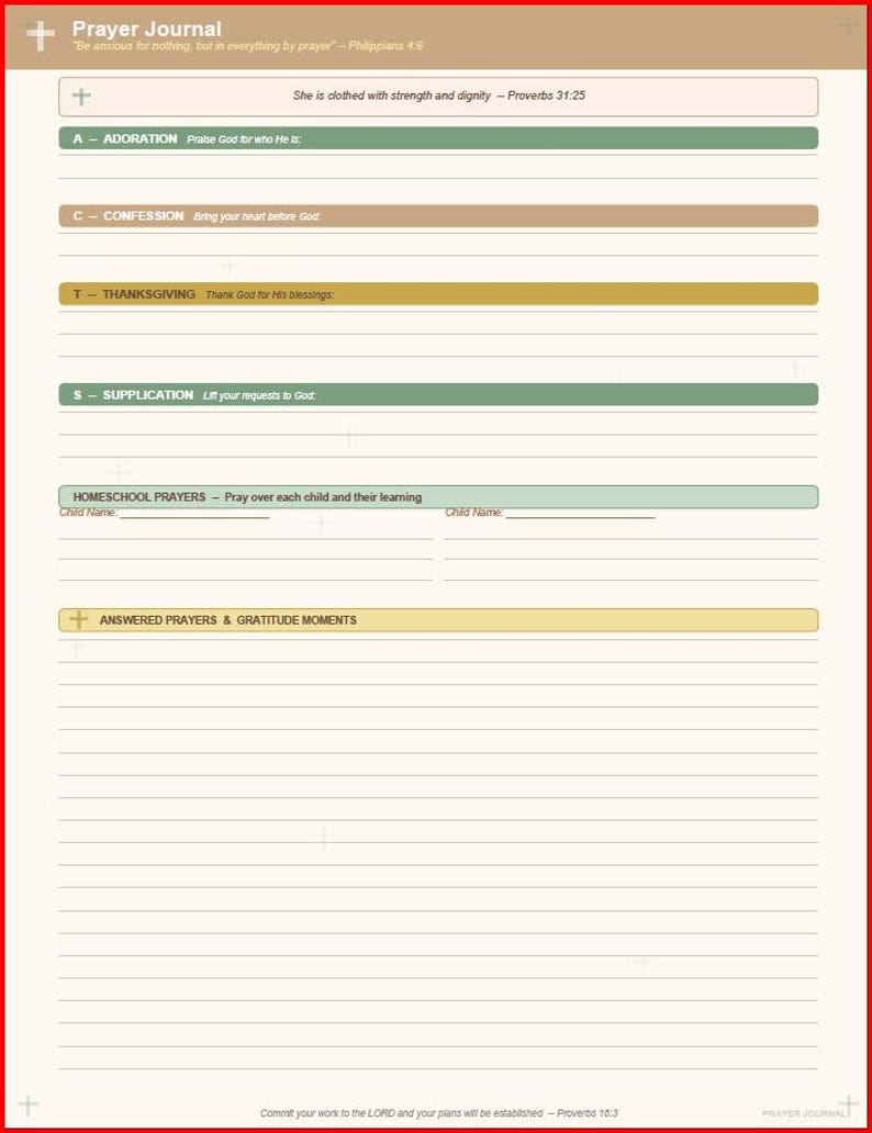 May include: A beige prayer journal with a red border. The journal includes sections for adoration, confession, thanksgiving, and supplication. It also has a section for homeschool prayers and answered prayers. The text "Prayer Journal" is at the top.