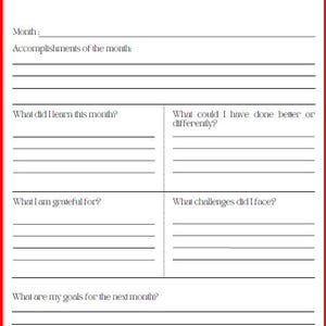 May include: A white monthly review planner page with black text. The header reads YOUR MONTHLY REVIEW. Sections include Month, Accomplishments of the month, What did I learn this month, What could I have done better or differently, What I am grateful for, What challenges did I face, and What are my goals for the next month.