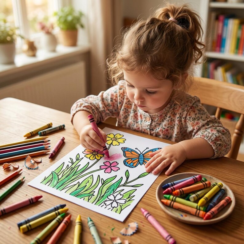 May include: A young child coloring a picture of flowers and a butterfly with a pink crayon. A wooden table holds crayons, colored pencils, and a small wooden bowl with more crayons. The child is wearing a floral print shirt.