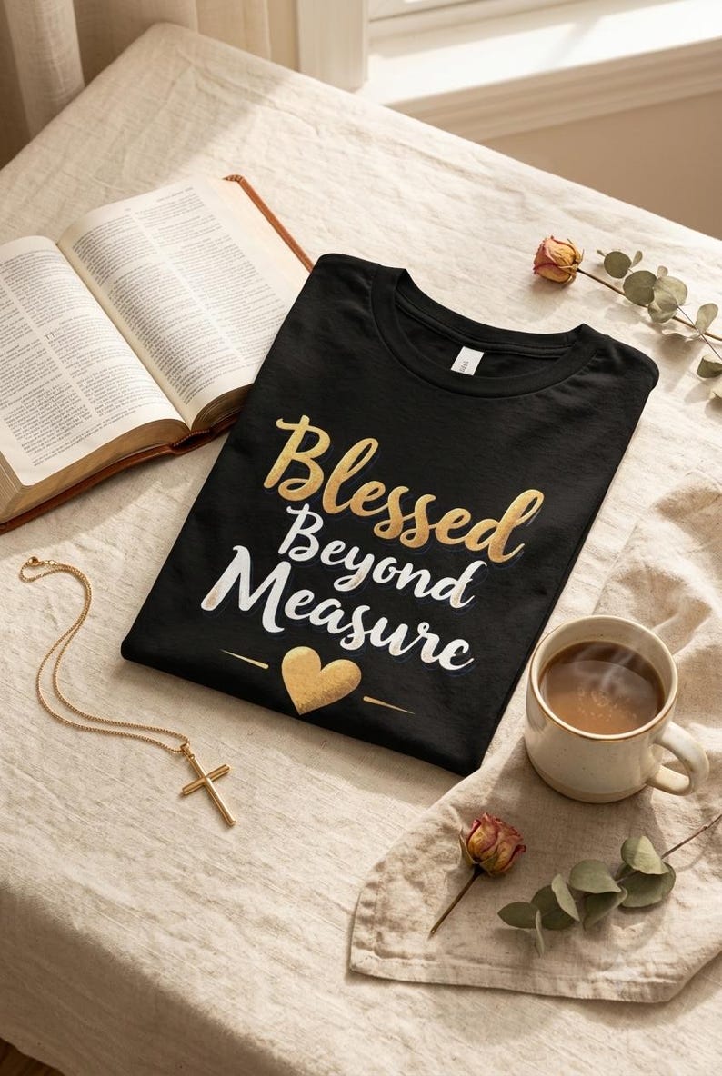 May include: A black t-shirt featuring the gold and white text Blessed Beyond Measure with a gold heart icon. The shirt is displayed alongside an open book, a gold cross necklace, a ceramic mug of coffee, and dried floral stems.