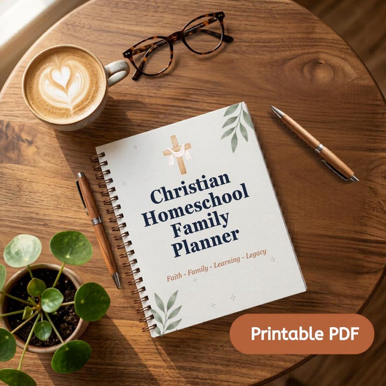 May include: A spiral-bound Christian Homeschool Family Planner with a white cover featuring a cross illustration, green leaf accents, and the text: Christian Homeschool Family Planner, Faith - Family - Learning - Legacy. Includes a pen and glasses.